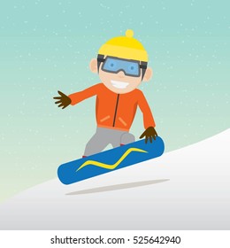 Funny little child snowboarding. Vector Illustration