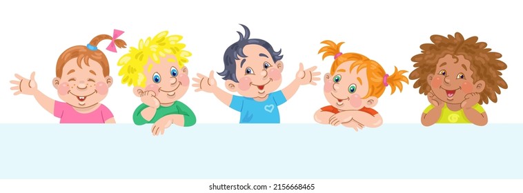 Funny little children of different nationalities. Template for card, poster and banner. Place for your text. In cartoon style. Isolated on white background. Vector illustration