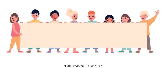 Funny little children holding big blank poster. Happy boys and girls with long paper sheet, cute kids with empty board, showing placard or billboard, vector cartoon flat isolated concept