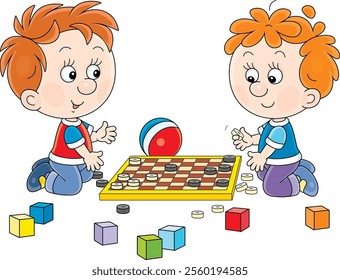 Funny little children playing checkers among scattered toys in a playroom of a kindergarten, vector cartoon illustration on a white background