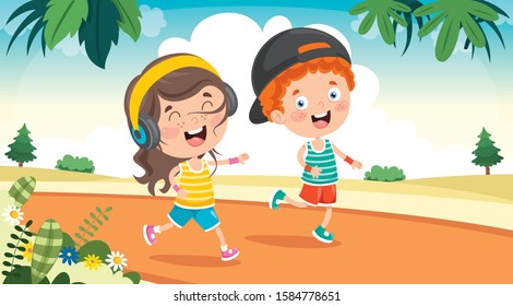 Funny Little Children Running Outside