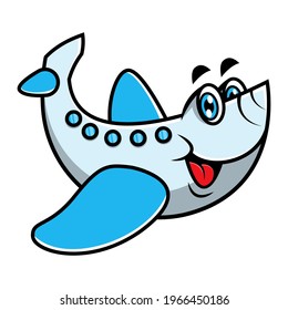 Funny Little Commercial Airplane cartoon characters greeting while flying high. best for mascot, logo, and sticker with commercial transportation for kids