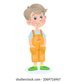 Funny little confused boy stands with his hands in his pockets. Isolated on white background. In cartoon style. Vector illustration.
