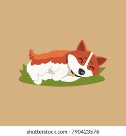 Funny little corgi sleeping on green lawn. Cartoon red-haired dog with cute muzzle. Purebred domestic animal. Flat vector design for sticker, print or postcard