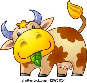 Funny little cow with green leaf in mouth