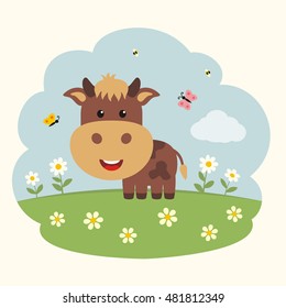 Funny little cow on flower field in cartoon style.