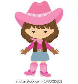 Funny Little Cowgirl Vector Cartoon Illustration