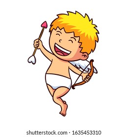 Funny little Cupid aiming at someone with an arrow of love. Cute little cupid shoots a bow. Illustration of a Valentine's Day. 
