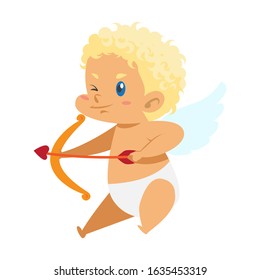 Funny little Cupid aiming at someone with an arrow of love. Cute little cupid shoots a bow. Illustration of a Valentine's Day. 