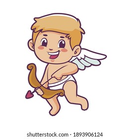 Funny little Cupid aiming at someone with an arrow of love. Illustration of a Valentine's Day. Vector illustration in a cartoon style. Isolated on white background.