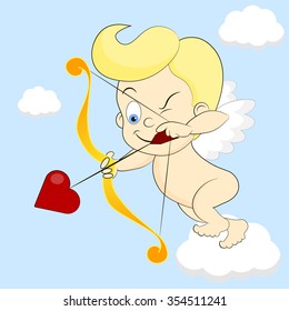 Funny little cupid aiming at someone. Illustration of a Valentine's Day. 