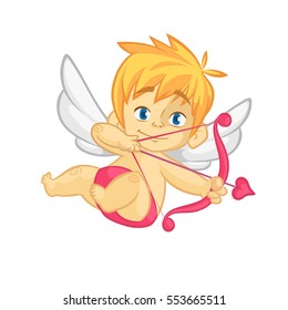 Funny little cupid aiming at someone. Illustration of a Valentine's Day. Vector. Isolated on white background