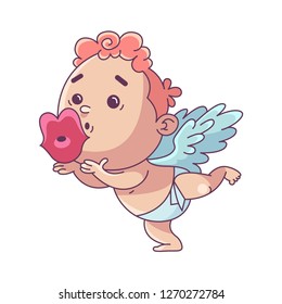 Funny little cupid blows kiss  Illustration Valentine's Day  Vector illustration in cartoon style  Isolated white background  