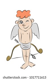 Funny little cupid with a bow and an arrow. Cartoon illustration isolated on white.