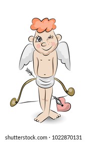 Funny little cupid with a bow, an arrow and heart. Cartoon illustration isolated on white.