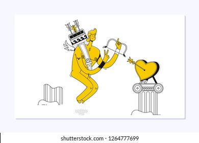 Funny little cupid with bow and arrow. Illustration of a Valentine s Day
