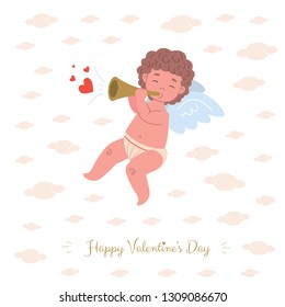 Funny little cupid character playing music of love on a pipe and  soaring in clouds.  Flat card illustration design with text Happy Valentine's Day 