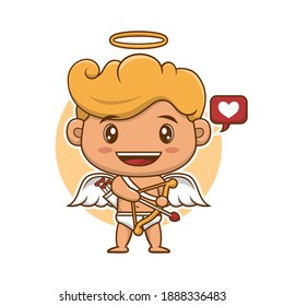 Funny little cupid holding arrow and bow. Illustration of a Valentine's Day. Vector illustration in a cartoon style. Isolated on white background.