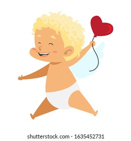 Funny little cupid holding heart. Illustration of a Valentine's Day. Vector illustration in a cartoon style. Isolated on white background. 