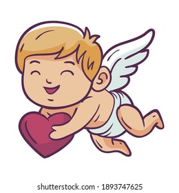 Funny little cupid holding heart. Illustration of a Valentine's Day. Vector illustration in a cartoon style. Isolated on white background. 