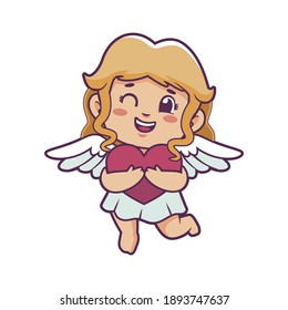 Funny little cupid holding heart. Illustration of a Valentine's Day. Vector illustration in a cartoon style. Isolated on white background. 
