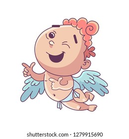 Funny little cupid. Illustration of a Valentine's Day. Amur baby angel.Vector illustration in a cartoon style. Isolated on white background. 