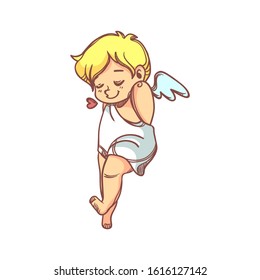 Funny little cupid. Illustration of a Valentine's Day. Amur baby angel.Vector illustration in a cartoon style. Isolated on white background. 