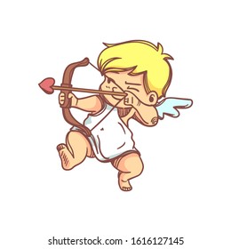 Funny little cupid. Illustration of a Valentine's Day. Amur baby angel.Vector illustration in a cartoon style. Isolated on white background. 