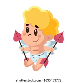 Funny little cupid. Illustration of a Valentine's Day. Amur baby angel.Vector illustration in a cartoon style. Isolated on white background. 