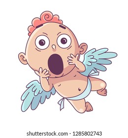 Funny little cupid. Surprised Cupid. Illustration of a Valentine's Day. Amur baby angel.Vector illustration in a cartoon style. Isolated on white background. 