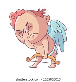 Funny little cupid. Upset Cupid. Illustration of a Valentine's Day. Amur baby angel.Vector illustration in a cartoon style. Isolated on white background. 