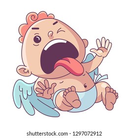 Funny little cupid. Upset Cupid. Illustration of a Valentine's Day. Amur baby angel.Vector illustration in a cartoon style. Isolated on white background. 