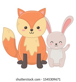 funny little cute fox and rabbit animals vector illustration
