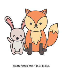 funny little cute fox and rabbit animals vector illustration