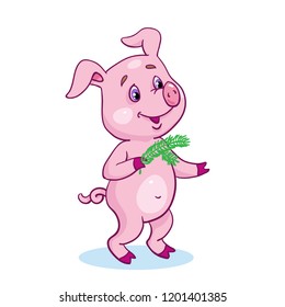 Funny little cute piglet with a green sprig. Isolated on a white background. In cartoon style.