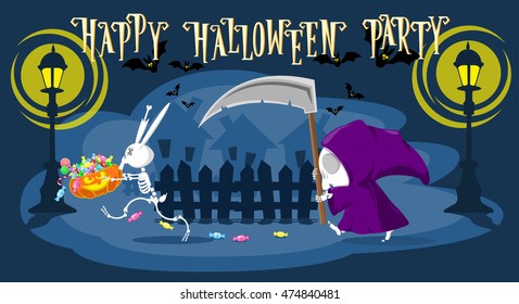Funny little death with a large scythe is chasing a rabbit skeleton stole her pumpkin with candy on the street. Cartoon style. Concept design for banners, posters or cards. Vector illustration