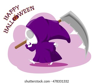 Funny little death with a large scythe. Title Happy Halloween from bones isolated on white background. Cartoon style. Vector illustration