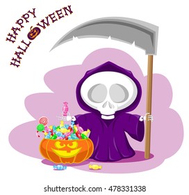 Funny little death with a large scythe and pumpkin with sweet candy. Title Happy Halloween from bones isolated on white background. Cartoon style. Vector illustration