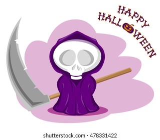 Funny little death with a large scythe. Title Happy Halloween from bones isolated on white background. Cartoon style. Vector illustration