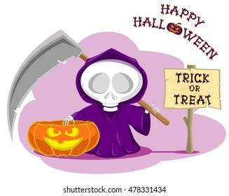 Funny little death with a large scythe and pumpkin. Title Happy Halloween from bones isolated on white background. Cartoon style. Vector illustration