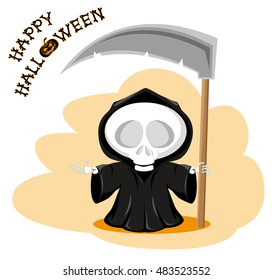 Funny little death with a large scythe with title Happy Halloween isolated on white background. Cartoon style. Vector illustration