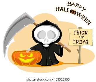 Funny little death with a large scythe with title Happy Halloween isolated on white background. Cartoon style. Vector illustration