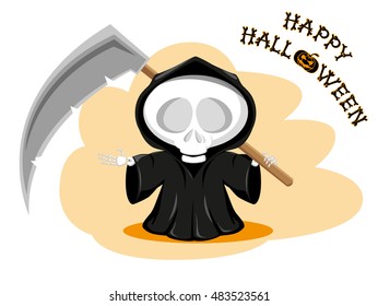 Funny little death with a large scythe with title Happy Halloween isolated on white background. Cartoon style. Vector illustration