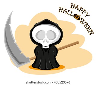 Funny little death with a large scythe with title Happy Halloween isolated on white background. Cartoon style. Vector illustration
