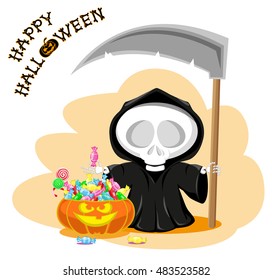 Funny little death with a large scythe, pumpkin and candy with title Happy Halloween isolated on white background. Cartoon style. Vector illustration