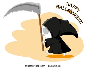 Funny little death with a large scythe with title Happy Halloween isolated on white background. Cartoon style. Vector illustration