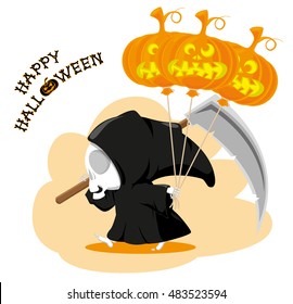 Funny little death with a large scythe, air balloon and title Happy Halloween isolated on white background. Cartoon style. Vector illustration