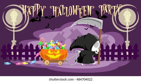 Funny little death with a large scythe driving small cart with Halloween pumpkin on the street of the town. Cartoon style. Concept design for banners, posters or cards. Vector illustration