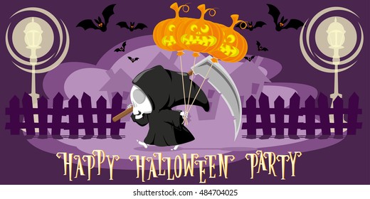 Funny little death with a large scythe and air balloon from Halloween pumpkin go on the street of the town. Cartoon style. Concept design for banners, posters or cards. Vector illustration