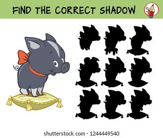 Funny little decorative mini-pig. Find the correct shadow. Educational matching game for children. Cartoon vector illustration